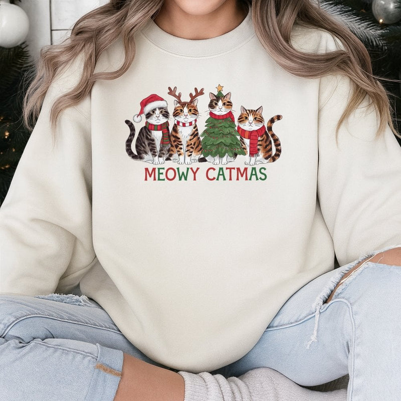 Humorous Christmas Cat Graphic Crewneck, Meowy Catmas Sweatshirt, Adorable Holiday Kitten Pullover, Festive Xmas Cat Lover Ugly Sweater Present