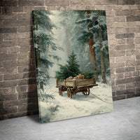 Snowy Forest Winter Scene Canvas, Vintage Christmas Tree Cart Canvas Print, Rustic Holiday Wall Art Canvas, Farmhouse Christmas Canvas Art