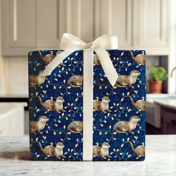 Adorable Animal Holiday Lights Gift Wrap, Christmas Otter Wrapping Paper, Watercolor Otter Xmas Wrapping Paper, Winter Holida