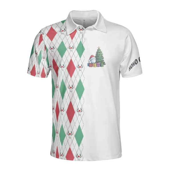 Humorous Holiday Argyle Golf Ball Tree Polo Shirt, Christmas Golf Polo Shirt, Festive Xmas Golfer Performance Top, Mens Holid