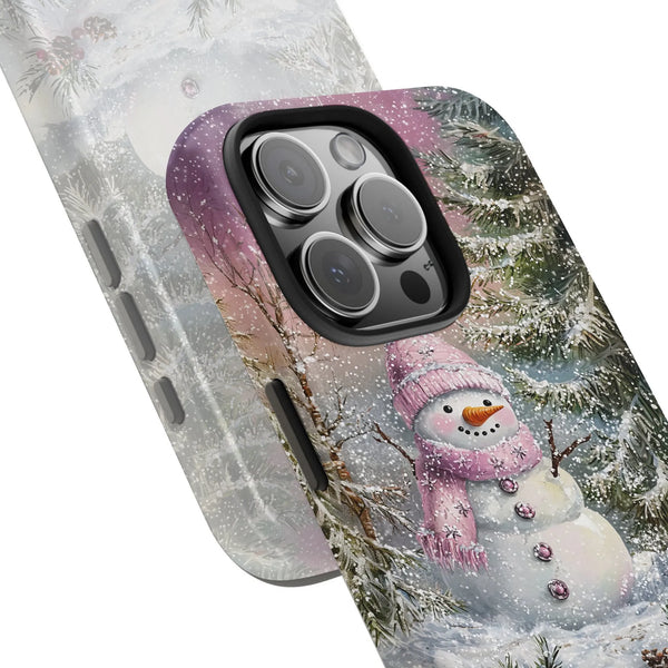 Adorable Holiday Snowman Tough Phone Cover, Pink Christmas Snowman Winter Phone Case, Festive Xmas Season Phone Case