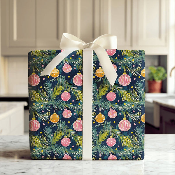Pink Orange Ornament Gift Wrap, Watercolor Christmas Wrapping Paper, Pine Branch Holiday Wrapping Paper, Artistic Christmas G