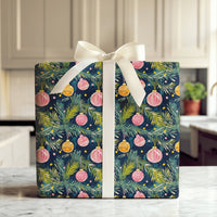 Pink Orange Ornament Gift Wrap, Watercolor Christmas Wrapping Paper, Pine Branch Holiday Wrapping Paper, Artistic Christmas Gift Wrap Roll