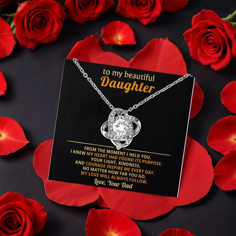 CZ Crystal Love Knot Pendant, Daughter Love Knot Necklace, Gold Finish Love Knot Necklace, Daughter Christmas Present, Rose Box Keepsake Present
