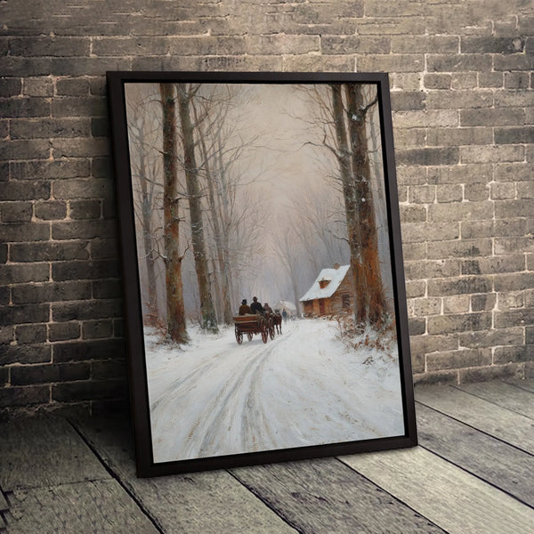 Snowy Cabin Landscape Painting Print, Winter Horse Drawn Sleigh Wall Art, Rustic Christmas Holiday Poster, Digital Download