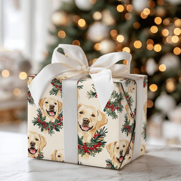 Watercolor Dog Wreath Gift Wrap, Yellow Lab Christmas Wrapping Paper, Yellow Labrador Holiday Wrapping Paper, Dog Lover Xmas 