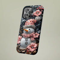 3D Winter Holiday Phone Case, Pink Jeweled Floral Snowman iPhone Case, Adorable Festive Tough Phone Cover, Christmas Phone Case Present for Her