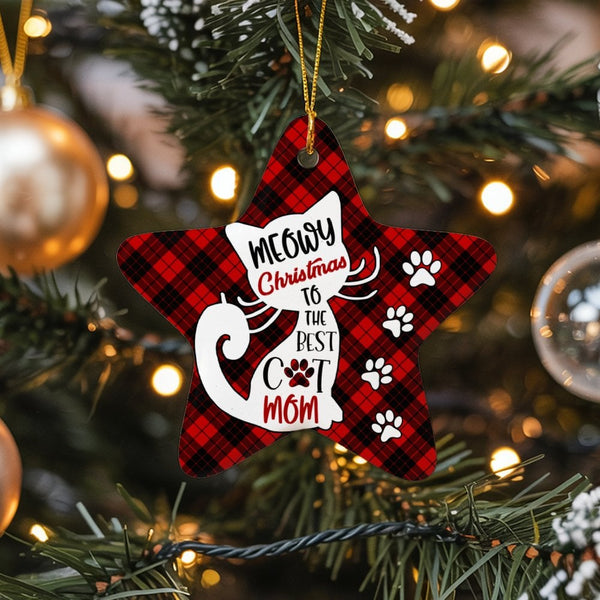 Red Buffalo Plaid Cat Lover Star Keepsake, Meowy Christmas Cat Mom Star Ornament, Ceramic Holiday Star Decor, Xmas Tree Star 