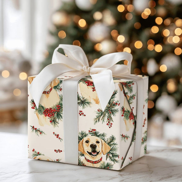 Christmas Dog Wreath Gift Wrap, Yellow Labrador Wrapping Paper, Adorable Yellow Lab Holiday Wrapping Paper, Dog Lover Christm
