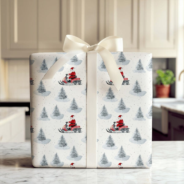 Winter Pine Trees Gift Wrap, Santa Claus on Red Snowmobile Wrapping Paper, Watercolor Christmas Wrapping Paper, Holiday Prese