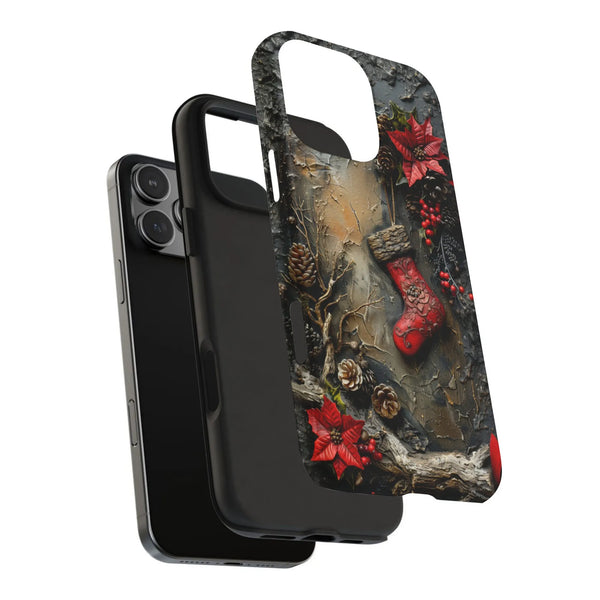 Poinsettia and Pine Cone iPhone Cover, Rustic Christmas Phone Case, Dual Layer Tough Holiday Phone Case, Botanical Xmas Prese
