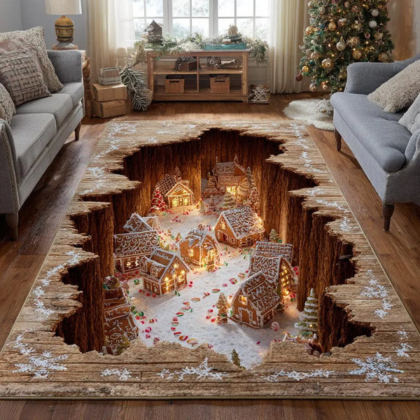 Optical Illusion Rug, 3D Gingerbread Village Area Rug, Christmas Floor Rug, Winter Holiday Accent Rug, Festive Gingerbread Ho