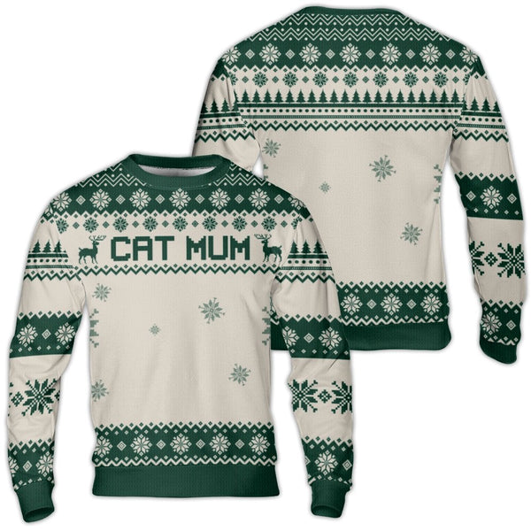 Reindeer Snowflake Ugly Sweater, Cat Mum Ugly Christmas Sweater, Fair Isle Holiday Sweatshirt, Humorous Cat Lover Pullover Cr