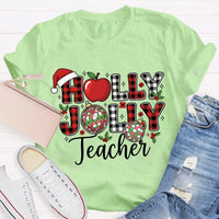 Apple Santa Hat Graphic Tee, Personalized Teacher Christmas Shirt, Custom Name Holiday T-Shirt, Adorable Educator Xmas Tee, Teacher Holiday Present