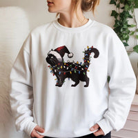 Black Kitten Santa Hat Crewneck, Christmas Cat Sweatshirt, Fairy Lights Cat Lover Shirt, Adorable Holiday Kitten Pullover, Comfy Xmas Cat Sweater