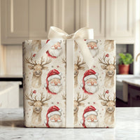 Adorable Christmas Gift Wrap, Watercolor Santa and Reindeer Wrapping Paper, Holiday Snowflake Wrapping Paper, Festive Winter Gift Wrap Paper