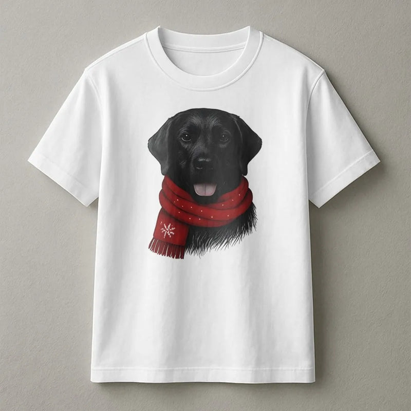 Adorable Dog in Red Scarf Graphic Tee, Black Labrador Christmas T-Shirt, Black Lab Holiday Dog Lover Shirt, Winter Xmas Dog Owner Present T-Shirt