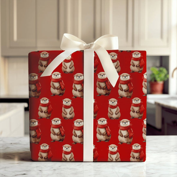 Adorable Animal Christmas Wrapping Paper, Red Scarf Otter Wrapping Paper, Festive Holiday Otter Gift Wrap, Animal Lover Prese