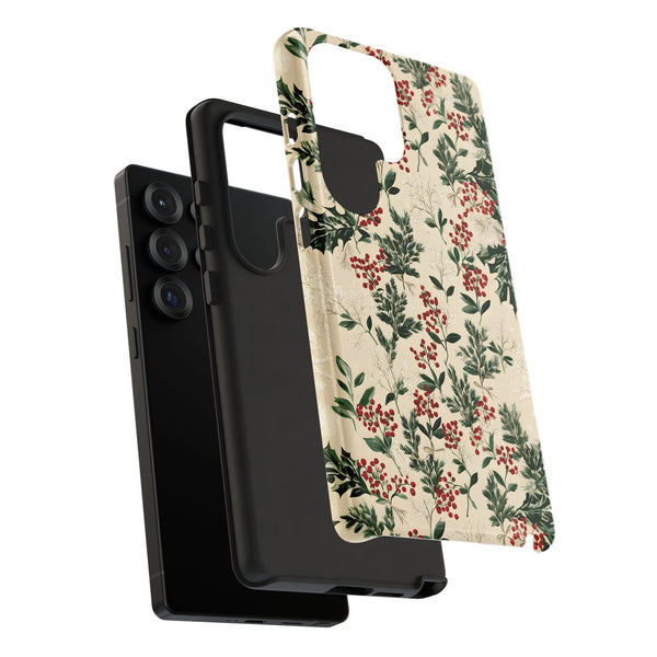 Vintage Botanical Berries Phone Cover, Christmas Holly Samsung Phone Case, Dual-Layer Tough Phone Case, Festive Winter Holida