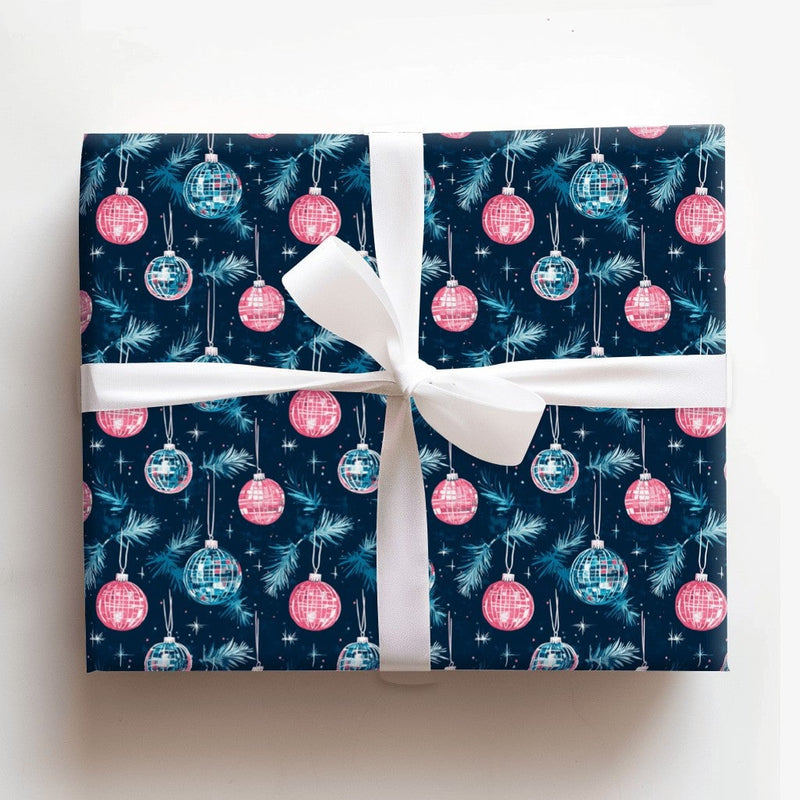 Retro Holiday Gift Wrap Roll, Pink Disco Ball Christmas Wrapping Paper, Navy Blue Pine Ornament Present Paper, Groovy Festive Gift Wrapping