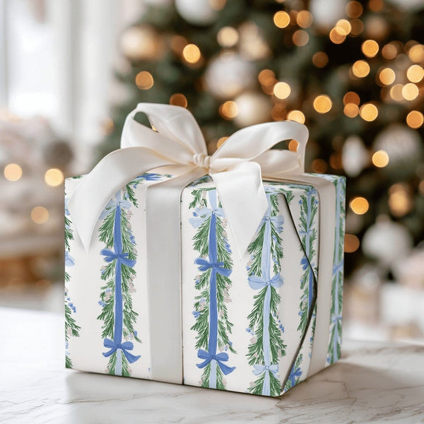 Pine and Blue Bow Gift Wrap, Evergreen Garland Wrapping Paper, Holiday Garland Wrapping Paper, Winter Christmas Wrapping Pape