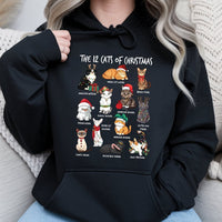 Festive Kitten Illustration Sweatshirt, 12 Cats of Christmas Hoodie, Adorable Cat Lover Holiday Pullover, Humorous Pet Owner Hooded Sweater Present