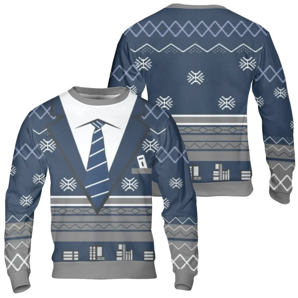 Blue Snowflake Graphic Pullover, Faux Suit and Tie Ugly Christmas Sweater, Tuxedo Holiday Party Sweatshirt, Humorous Fancy Fo
