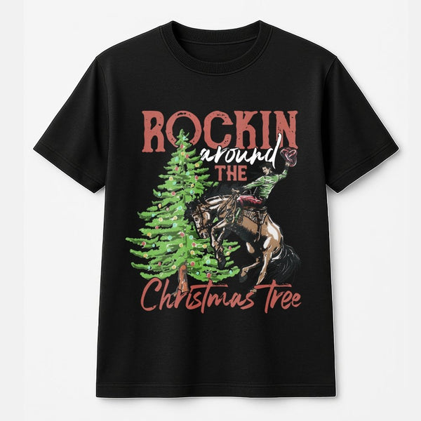 Western Cowboy Christmas T-Shirt, Rocking Horse Christmas Tree Shirt, Ranch Holiday Graphic Tee, Country Christmas Shirt, Hor