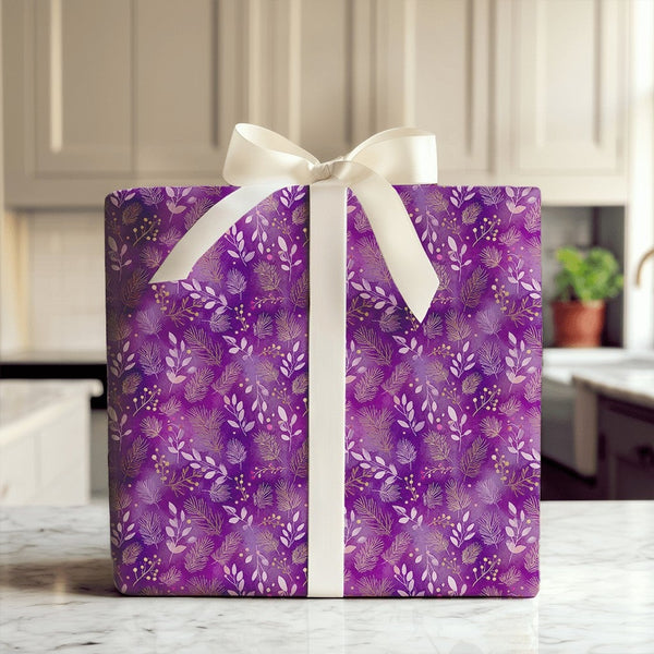 Winter Foliage Gold Wrapping Paper, Purple Botanical Wrapping Paper, Elegant Floral Holiday Wrapping Paper, Birthday and Chri