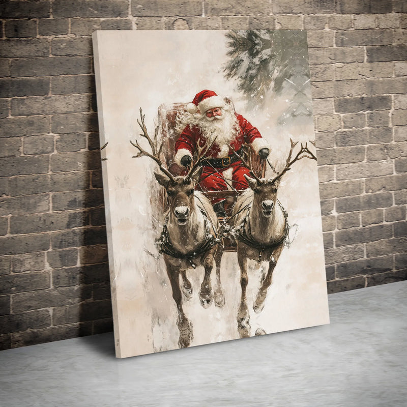 Rustic Christmas Canvas Print, Santa Claus Reindeer Sleigh Canvas Wall Art, Holiday Painting Wall Art, Festive Winter Home Decor Present