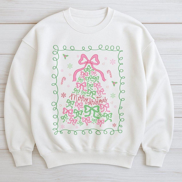 Aesthetic Bow Holiday Sweater, Coquette Christmas Tree Sweatshirt, Adorable Xmas Tree Crewneck, Trendy Holiday Pullover, Chri