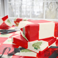 Red Checkered Holiday Gift Wrap, Christmas Tree Gift Wrapping Paper, Hand-Drawn Tree Present Wrap Roll, Plaid Xmas Wrapping Paper