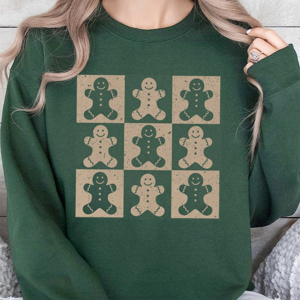 Checkerboard Gingerbread Crewneck, Retro Gingerbread Man Sweatshirt, Adorable Gingerbread Christmas Sweater, Holiday Cookie P