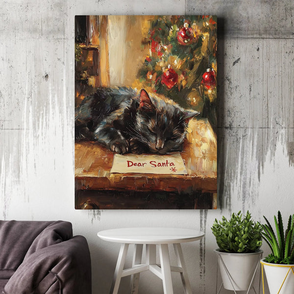 Sleeping Black Cat Santa Letter Canvas Print, Christmas Cat Canvas Wall Art, Adorable Holiday Cat Wall Art, Festive Winter An