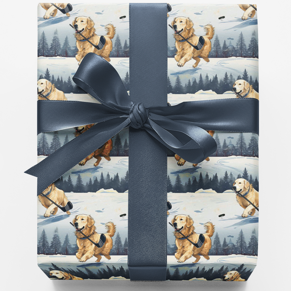Adorable Dog Christmas Gift Wrap, Hockey Golden Retriever Wrapping Paper, Winter Sports Pet Gift Wrap Roll, Festive Hockey Do