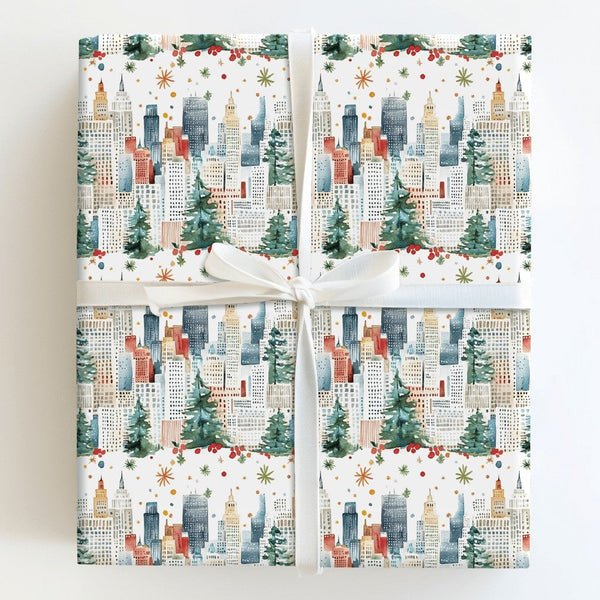 Watercolor NYC Urban Gift Wrap, Christmas City Skyline Wrapping Paper, Winter Pine Tree Present Wrap, Festive Holiday Packagi
