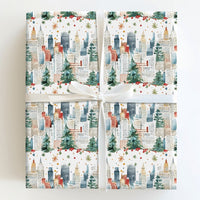 Watercolor NYC Urban Gift Wrap, Christmas City Skyline Wrapping Paper, Winter Pine Tree Present Wrap, Festive Holiday Packaging