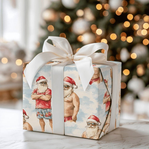 Humorous Gag Christmas Gift Wrap, Buff Santa Wrapping Paper, Shirtless Summer Holiday Wrapping Paper, White Elephant Party Wr