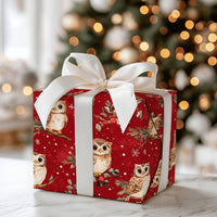 Woodland Bird Gift Wrap, Christmas Owl Wrapping Paper, Red Holiday Wrapping Paper, Pine Holly Berry Gift Wrap, Winter Wrapping Paper Roll