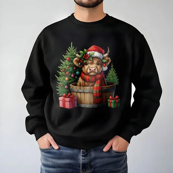 Santa Hat Cow Sweatshirt, Christmas Highland Cow Sweatshirt, Adorable Xmas Cow Crewneck, Festive Holiday Animal Sweater, Wint