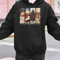 Retro Santa Reindeer Snowman Hoodie, Vintage Christmas Hoodie, Coquette Bow Xmas Sweatshirt, Holiday Graphic Hoodie, Winter Christmas Present