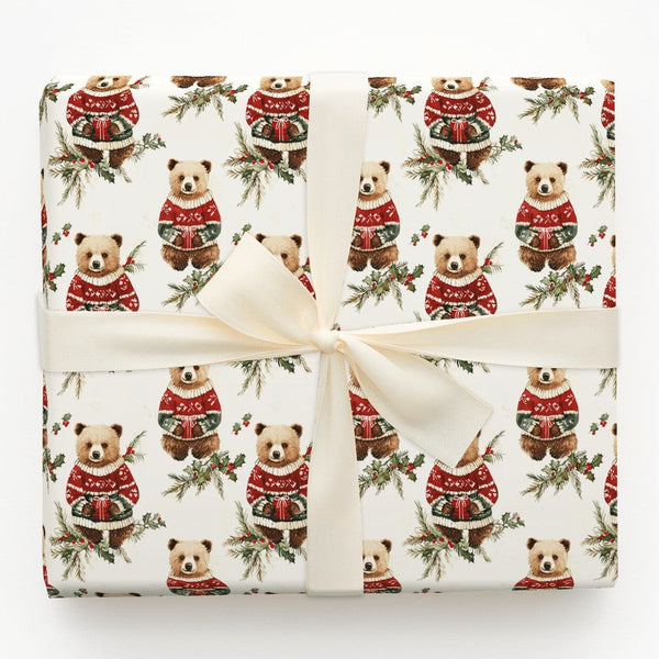 Adorable Sweater Bear Gift Wrap, Christmas Bear Wrapping Paper, Woodland Animal Holiday Wrapping Paper, Festive Winter Animal
