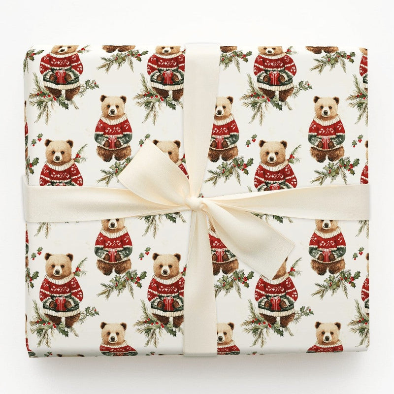 Adorable Sweater Bear Gift Wrap, Christmas Bear Wrapping Paper, Woodland Animal Holiday Wrapping Paper, Festive Winter Animal Gift Wrap Roll