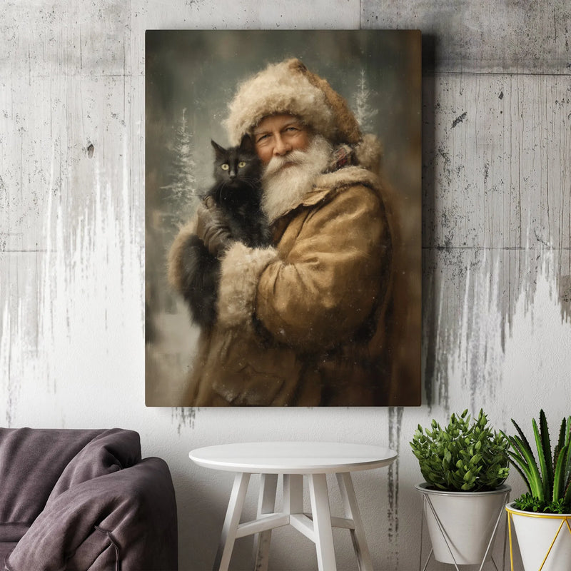 Black Cat Holiday Canvas Print, Vintage Santa Claus Canvas Wall Art, Whimsical Christmas Canvas Decor, Retro Festive Wall Art Present