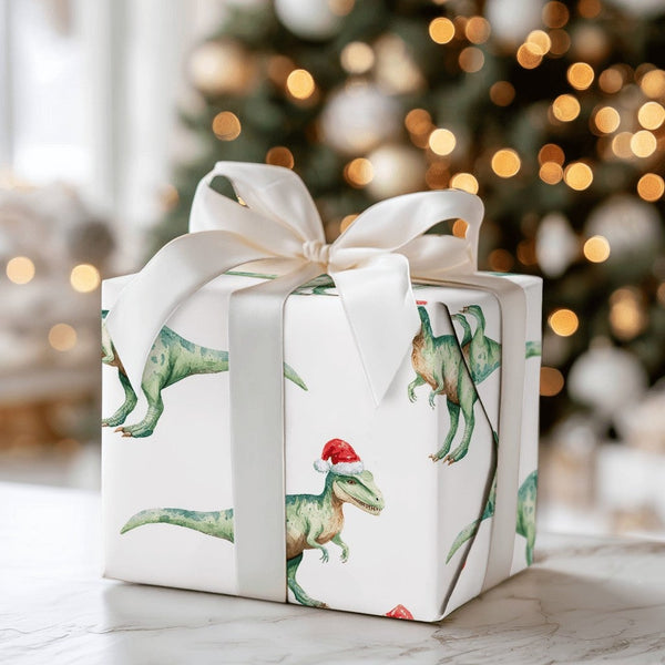 Watercolor TRex Dinosaur Gift Wrap, Dinosaur Christmas Wrapping Paper, Santa Hat Dinosaur Wrapping Paper, Kids Holiday Dinosa