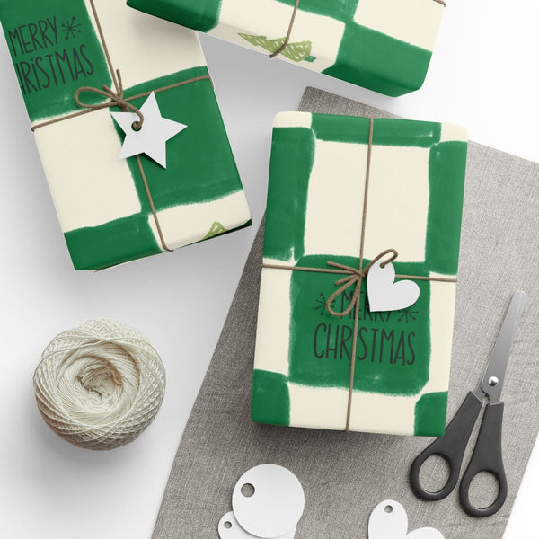 Green Tree Gift Wrap, Painted Christmas Tree Wrapping Paper, Merry Christmas Wrapping Paper, Rustic Holiday Gift Wrap, Winter