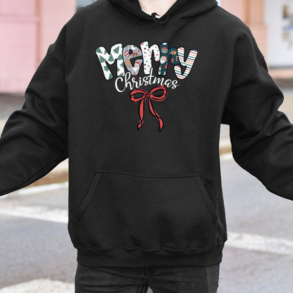 Patterned Lettering Holiday Hoodie, Merry Christmas Hoodie, Festive Winter Graphic Hoodie, Comfy Xmas Pullover Sweatshirt, Ho