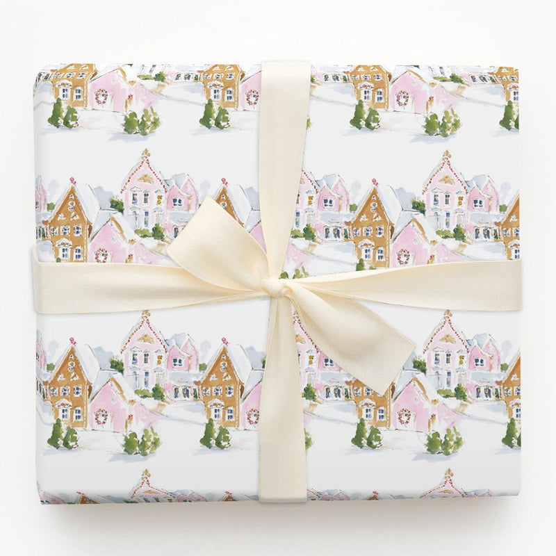 Watercolor Christmas Village Gift Wrap, Pink Gingerbread House Wrapping Paper, Whimsical Holiday Wrapping Paper, Adorable Xmas Gift Wrap Roll