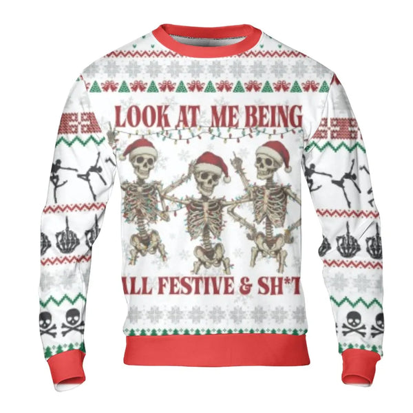 Sarcastic Skeleton Holiday Sweater, Dancing Skeletons Christmas Sweatshirt, Humorous Spooky Xmas Crewneck, Goth Christmas Pul