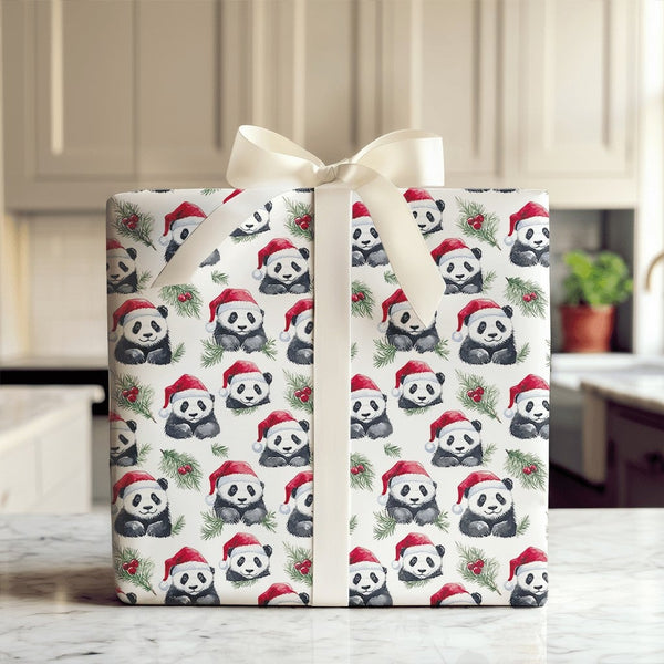 Santa Hat Panda Bear Gift Wrap, Christmas Panda Wrapping Paper, Watercolor Holiday Wrapping Paper, Adorable Animal Present Gi